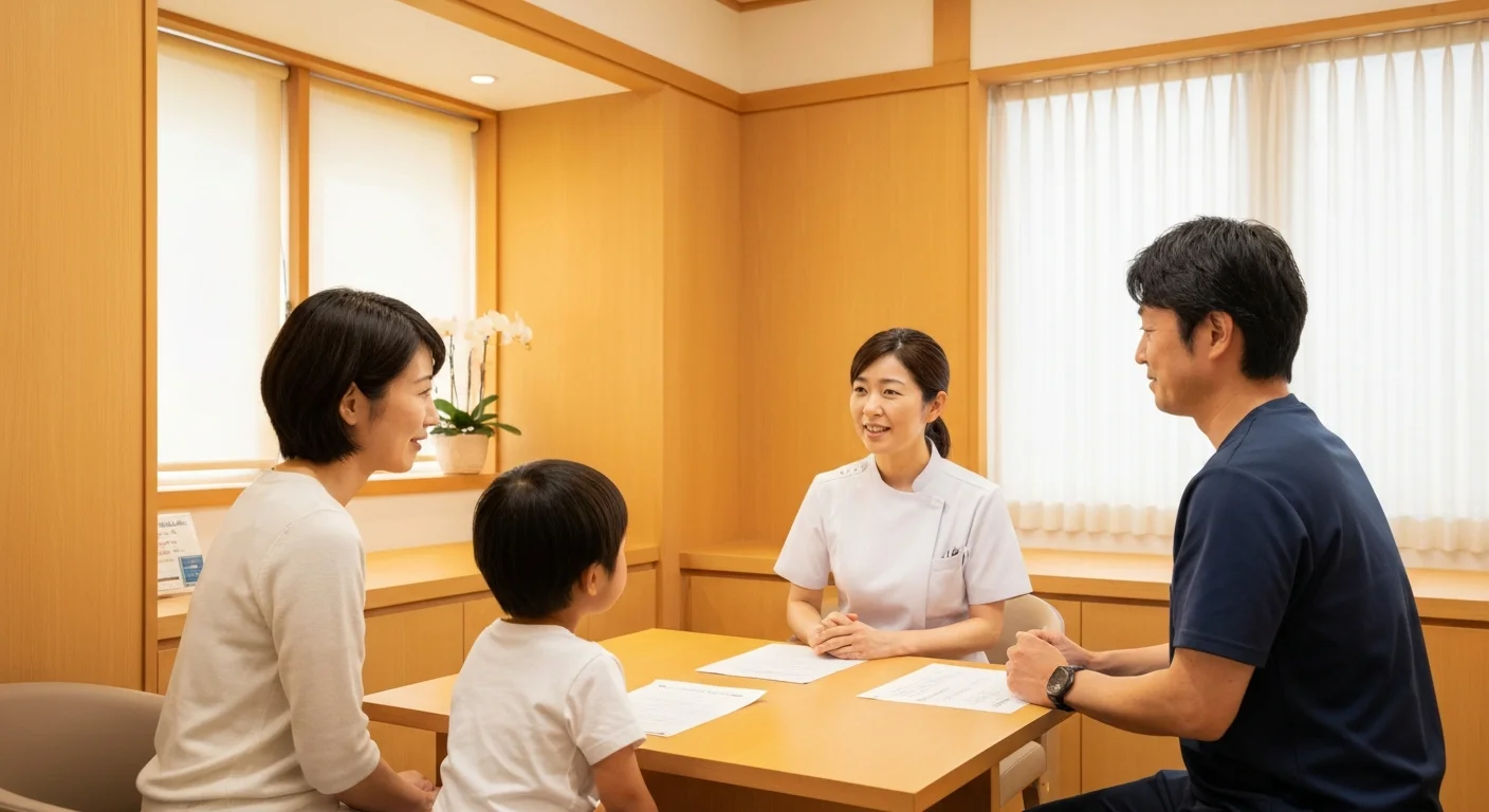 保護者と子どもが診察前に医療者へ症状を相談する様子